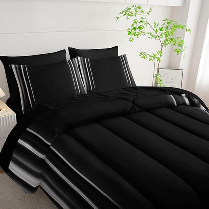White and Black Bedding Set Full Size Abstract Ombre Comforter Set Bedding Set 7 Piece in A Bag,Dark Quilt Set Mordern Art Decor All Seasons with Pillowcases,Flat, Fitted Sheet