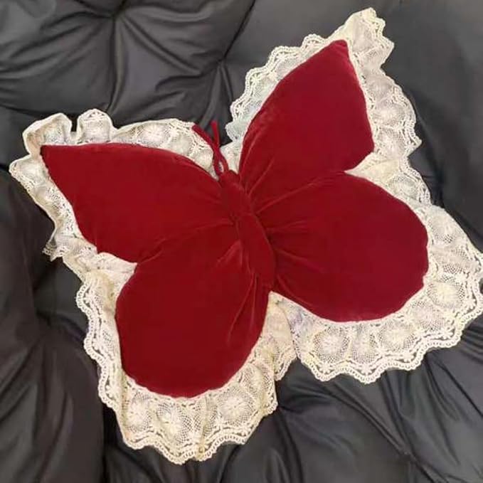 Butterfly Throw Pillow,21.6 inch Velvet Butterfly Decorative Pillow with Lace Trim,Animal Pillow for Couch Living Room Bed,Home Garden Decor (Red)