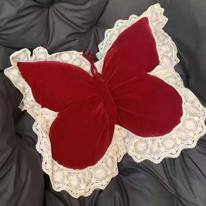 Butterfly Throw Pillow,21.6 inch Velvet Butterfly Decorative Pillow with Lace Trim,Animal Pillow for Couch Living Room Bed,Home Garden Decor (Red)