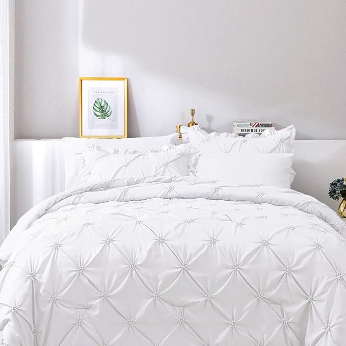 JOLLYVOGUE White Twin Size Comforter Sets 5 Pieces, Pintuck Bed in a Bag Comforter Set for Bedroom, Bedding Comforter Sets with Comforter, Sheets,Ruffled Shams & Pillowcases