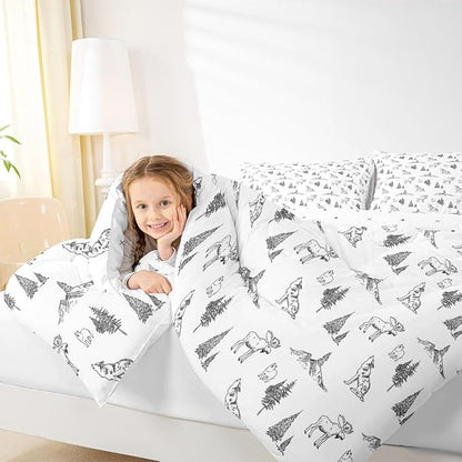 Erosebridal Woodland Animals Comforter Set King Size Bear Deer Wolf Hunting Theme Bedding Set for Kids Child | Rustic Cabin Lodge Decor Duvet Insert Farmhouse Wildlife Mountain Black White Quilt