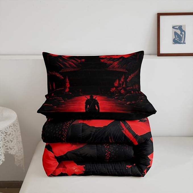 Feelyou Dragon Comforter Set Toddler Size Japanese Style Comforter for Boys Girls Teens Samurai Bedding Set Sunset Duvet Set Room Decor Red Black Quilt Set