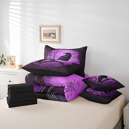 Erosebridal Crow 7 Piece Bedding Set Full Size,Gothic Halloween Bed in a Bag,Horror Theme Bed Set Includes Comforter, Sheet Set, Pillowcases & Pillow Covers All Season Bedroom Decor