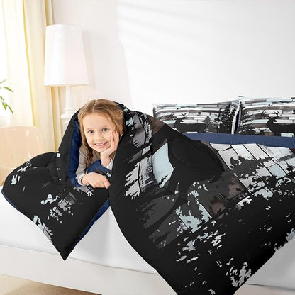 Feelyou Cute Deer Bedding Set Wild Animal Hunt Comforter Set for Kids Boys Girls Pine Trees Retro Comforter Hunting Theme Quilt Set Bedroom Collection 3Pcs Queen Size
