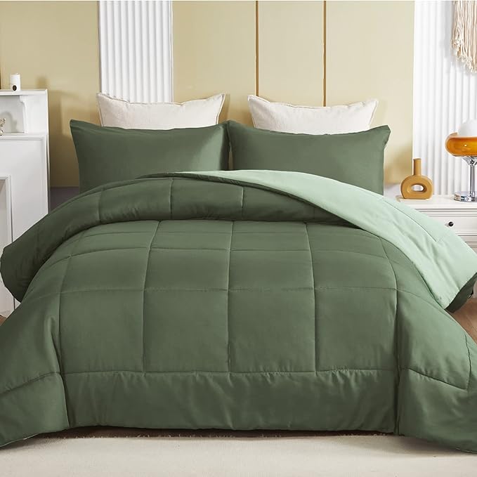 Exclusivo Mezcla Lightweight Reversible Full Queen Size Comforter Set, Down Alternative Comforter with 2 Pillow Sham, Full Queen Size Bedding Set for All Seasons, Emerald/Mint