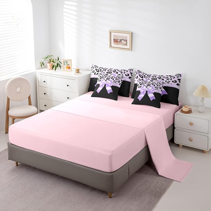 Feelyou Purple Silk Bowknot 7 Piece Bedding Set Queen Size Grey Leopard Comforter Set with Sheets for Kids Girls Women Black Purple Bed in a Bag Sweet Romantic Bed Set