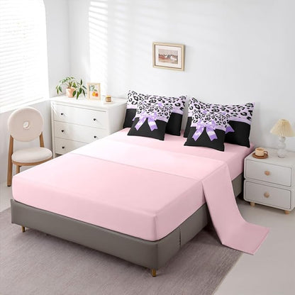 Feelyou Purple Silk Bowknot 7 Piece Bedding Set King Size Grey Leopard Comforter Set with Sheets for Kids Girls Women Black Purple Bed in a Bag Sweet Romantic Bed Set
