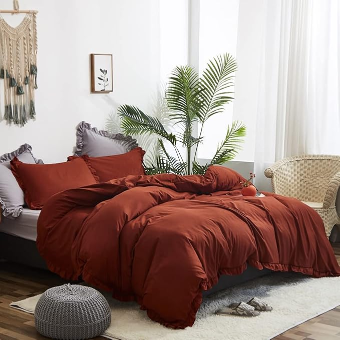 CLOTHKNOW Rust Ruffles King Size Comforter Set Burnt Orange Bedding Comforter Sets Soft Shabby Chic Comforter Vintage Rustic Comforter with 2 x Pillow Cases