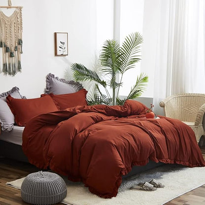 CLOTHKNOW Terracotta Ruffles Full Size Comforter Set 3Pcs Rust Farmhouse Bedding Comforter Sets Burnt Orange Comforter Soft Shabby Chic Comforter Vintage Rustic Bedding Sets