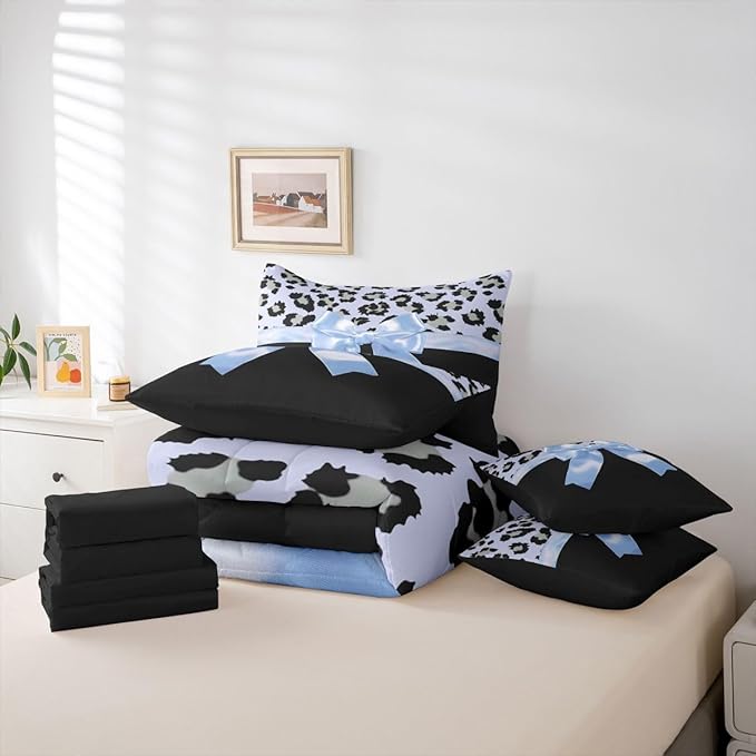 Feelyou Blue Silk Bowknot 7 Piece Bedding Set Full Size Grey Leopard Comforter Set with Sheets for Kids Girls Women Black Blue Bed in a Bag Sweet Romantic Bed Set