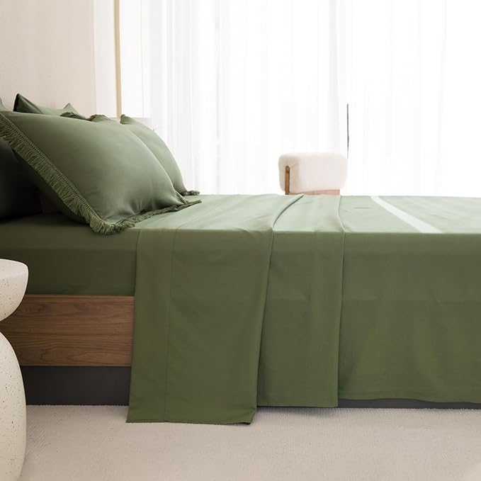 Andency Oversized King Comforter Set with Sheets 120x120 Olive Green - 7 Pieces Boho Tassel Bed in a Bag Soft Lightweight Bedding Sets, Fringe Bed Set with Comforter, Sheets, Pillowcases & Shams