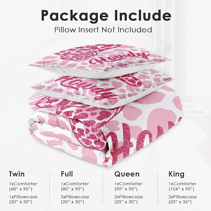 Full Size Comforter Set with 2 Pillowcases, Western Cowboy Cow 3 Pcs Bedding for Kids and Adults, Pink Cowgirl Leopard Print Soft Comforter Set for Bedroom Bed Decor