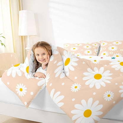 Erosebridal Orange Kawaii Floral Comforter Cute Daisy Twin Bedding Set for Kids Girls Teen Women Room Decor 2 Pcs,Cartoon Flower Comforter Set Rustic Farmhouse Quilt