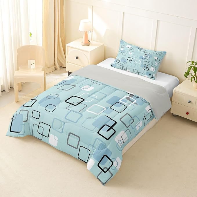 Erosebridal Aqua Geometric Square Bedding Set Twin Modern Stripes Aesthetic Comforter Set for Kids Girls Boys Modern Gradient Ombre Down Comforter Soft Teal Grid Quilt Duvet
