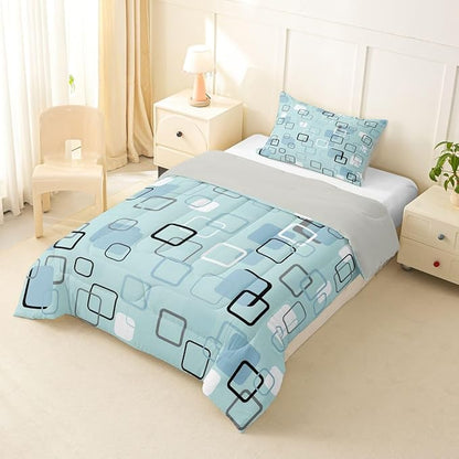 Erosebridal Aqua Geometric Square Toddler Bedding Set Modern Stripes Aesthetic Comforter Set for Kids Girls Boys Modern Gradient Ombre Down Comforter Soft Teal Grid Quilt Duvet