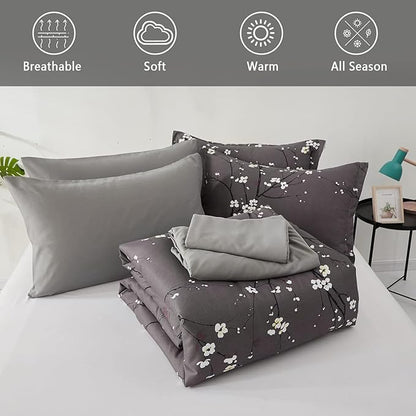 WONGS BEDDING Floral Cmomforter Set Queen,7 Pieces Bed in a Bag Comforter Reversible Flower Plum Bedding Set Queen Size（1 Comforter,2 Pillowcase,2 Pillow Shams,1 Flat Sheet,1 Fitted Sheet）
