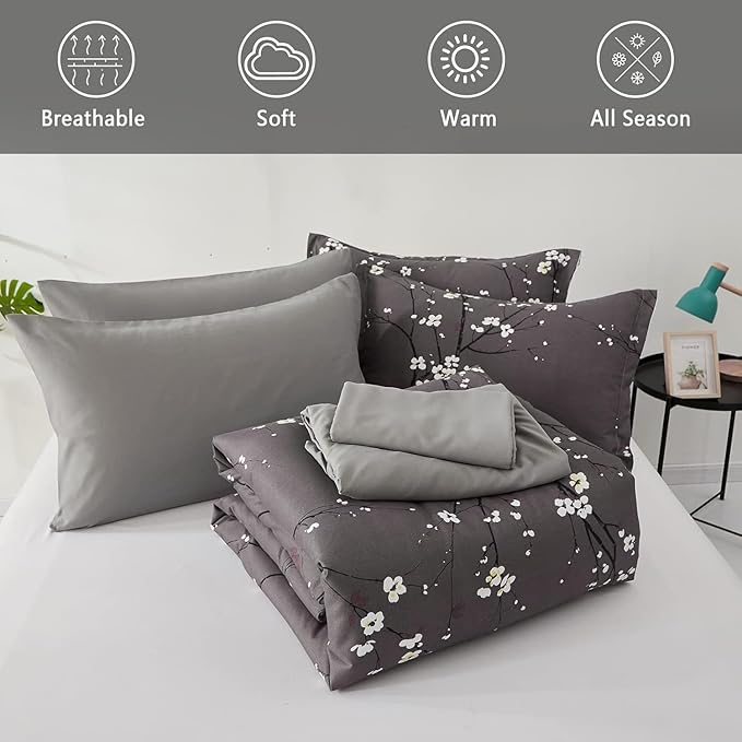 WONGS BEDDING 7 Pieces Bed in a Bag King, Floral Reversible Comforter Set Flower Plum Bedding Set King Size（1 Comforter,2 Pillowcase,2 Pillow Shams,1 Flat Sheet,1 Fitted Sheet）
