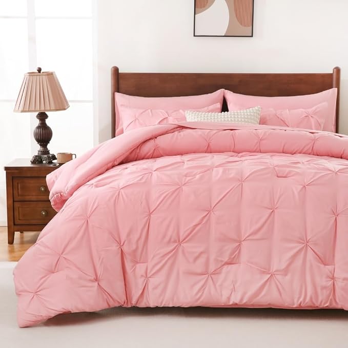 Sheet&Joy King Size Comforter Set, 7-Piece Bed in a Bag, Pintuck Bedding Set for All Season, Includes Comforter, Flat Sheet, Fitted Sheet, Pillowcases and Pillowshams, Pink