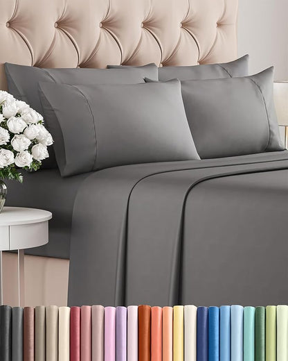 Full 6 Piece Sheet Set - Comfy Breathable & Cooling - Ultra-Soft Hotel Luxury Bedding Set with 8-16 Inch Deep Pockets - 1 Flat & 1 Fitted Sheet & 4 Pillowcases - Wrinkle Free & Easy Care - Dark Grey