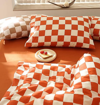 KAREVER Orange White Grid Comforter Set Twin Burnt Orange Plaid Bedding Set Girls Reddish White Checkered Bed Blanket Set Kids Durable Breathable Bedding Comforter Set