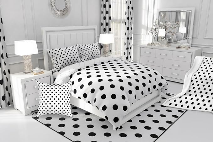 Manfei Black Polka Dots Comforter Set King Size,French Style Dots Cartoon Cute Bedding Set 3 Pcs for Adults,Geometric Circles Black White Simple Art Comforter,2 Pillowcases
