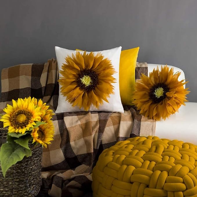 Mustard Yellow 3D Sunflower Round Decorative Throw Pillow Handcrafted Cute Elegant Flower Accent Pillow Boho Farmhouse Floral Cushion for Bed Couch Car Living Room Bedroom Home Decor 12Inch