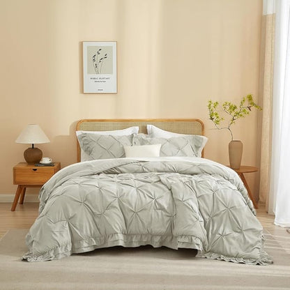 AMWAN Ruffled Pintuck Shabby Chic Farmhouse Comforter Set King Size 3 PCS (1 Solid Ruffled Comforter with 2 Pillowcases) Soft Fluffy Pinch Pleated Comforter Set All Seasons Comforter Set Light Grey