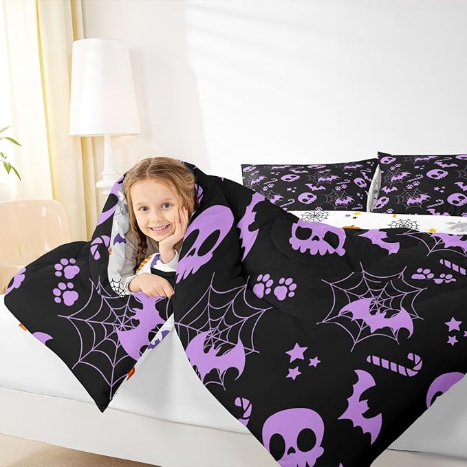 Erosebridal Cute Purple Halloween Toddler Comforter Spider Web Skull Bat Bedding Set Spooky Goth Gothic Animal Duvet Insert Horror Halloween Bed Sets for Kids Teens Adults