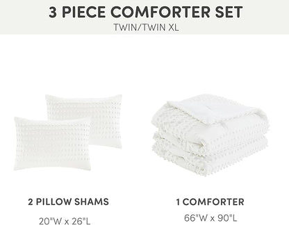 Comfort Spaces Cotton Comforter Set Jacquard Pom-Pom Tufts Design, Down Alternative, All Season Modern Bedding, Matching Shams, Twin/Twin XL, Phillips, Ivory