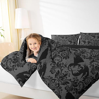 Feelyou Adults Gothic Kids Comforter Set Full Size Dark Olive Green Damask Bedding Set Dragon Duvet Quilt for Kids Boys Girls Bedroom Decor Microfiber Ultra Soft Breathable