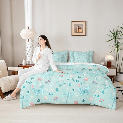 Feelyou Butterfly Dragonfly 7 Piece Bedding Set Mint Green Comforter Set with Sheets for Kids Boys Girls Flowers and Plants Bed in a Bag Nature Plants Bed Set Soft Lightweight