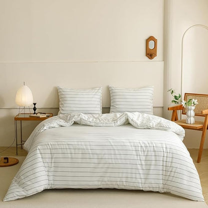 CLOTHKNOW Striped Queen Comforter Set 3Pcs White Black Bedding Comforter Sets White Queen Comforter Soft Farmhouse Comforter with 2 x Pillow Cases