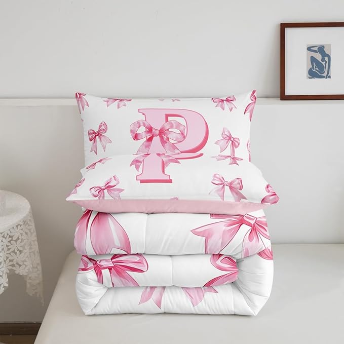 Erosebridal Initial Letter P Bedding Comforter Sets Pink Kawaii Bow Toddler Bedding Set for Girls,Dreamy Princess Letter Bowknot Comforter Set for Kids Teen Women Bedroom Decor,Cute Girly Bow Bed Set