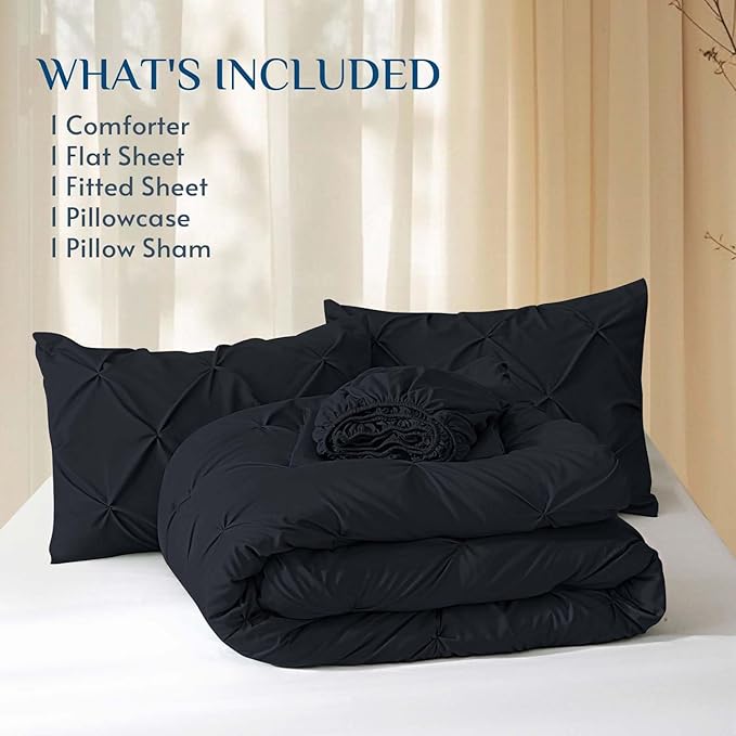JOLLYVOGUE Twin XL Comforter Set 5 Pieces - Bed in a Bag Twin XL for All Season, Pintuck Bedding Comforter Sets with Comforter, Flat Sheet, Fitted Sheet and Pillowcases & Shams, Black
