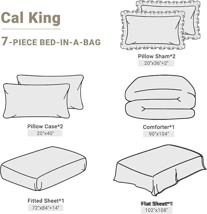 JOLLYVOGUE Beige Cal King Size Comforter Sets 7 Pieces, Pintuck Bed in a Bag Comforter Set for Bedroom, Bedding Comforter Sets with Comforter, Sheets,Ruffled Shams & Pillowcases