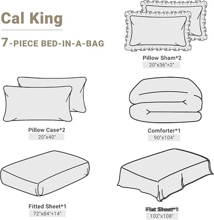 JOLLYVOGUE Beige Cal King Size Comforter Sets 7 Pieces, Pintuck Bed in a Bag Comforter Set for Bedroom, Bedding Comforter Sets with Comforter, Sheets,Ruffled Shams & Pillowcases
