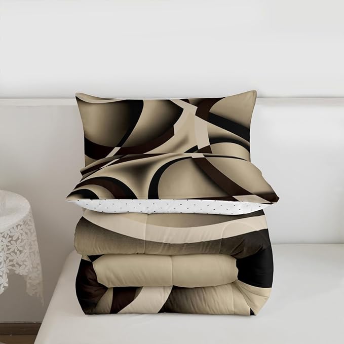 Castle Fairy Retro Circle Comforter Set Queen Size Brown Khaki Black Bedding Set for Kids Boys Girls Bedroom Decoration Stripe Line Art Bed Duvet Insert Geometric Modern Comforter with 2 Pillowcase