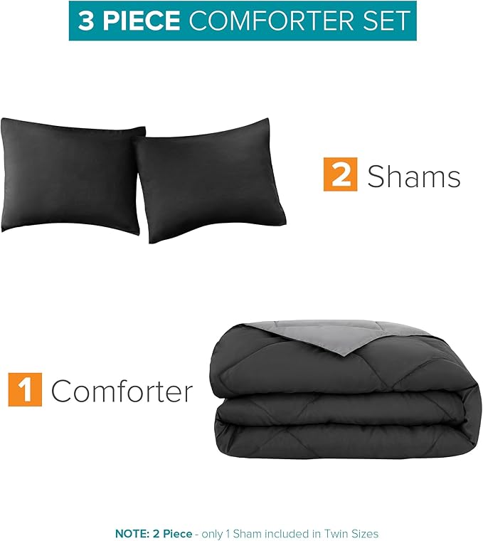 Comfort Spaces Vixie Reversible Comforter Set - Trendy Casual Geometric Quilted Cover, All Season Down Alternative Cozy Bedding, Matching Sham, Black/Gray, Full/Queen 3 piece