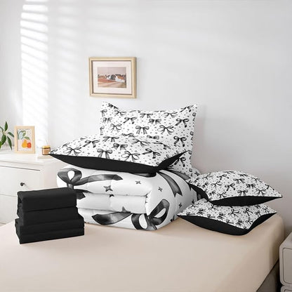 Erosebridal Bow Girls Cute Black Full Comforter Set 7 Pieces | Starry Bed in A Bag for Bedroom Bowknot Kawaii Bedding Set with Comforters Princess Room Decor