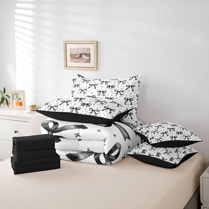 Erosebridal Bow Girls Cute Black Comforter Set Queen Size 7 Pieces | Starry Bed in A Bag Bowknot Kawaii Bed Set Princess Bedding