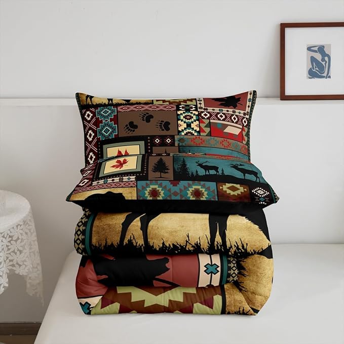 Rustic Cabin Bedding Comforter Sets Queen Size, Lodge Bear Bedding Sets, Southwestern Quilt Duvet Moose Deer Country Farmhouse Animal Wildlife Hunting Brown Patchwork Plaid Quilt, 2 Pillowcases