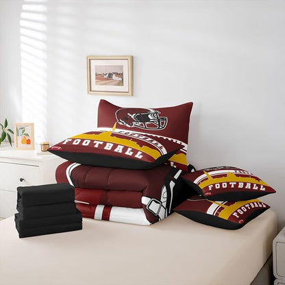 Erosebridal Football 7 Pcs Comforter Set Twin Football Fans Bedding for Kids Football City Sheet Set Bed in A Bag Red Yellow Rugby Competition Room Decor Sports Ball Game Quilt