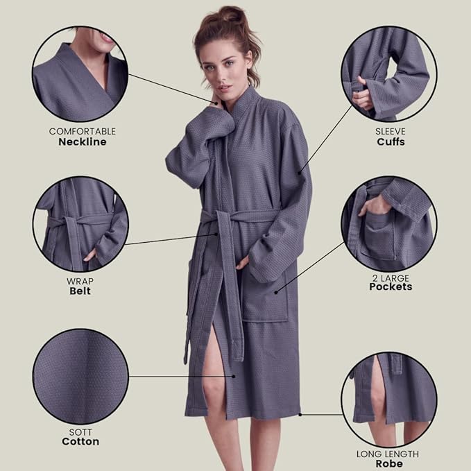 Luxurious Bathrobe for Women - Soft & Absorbent - Lightweigh & Comfort - Long & Kimono - Waffle & Cotton - Hotel/Spa Robe