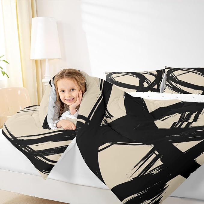 Black and Beige Striped Bedding Set Full Size for Adults Youth Teens,Contemporary Boho Modern Art Comforter Set,Graffiti Stripes Lines Quilt,Aesthetic Geometric Duvet Insert for Minimalists