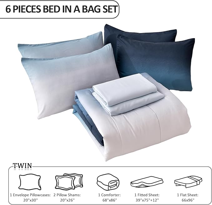 Anibedding Gradient Comforter Set Full Size 6 Pieces Ombre Navy Blue Bed in a Bag Complete Bedding Set - Breathable Solid Ocean Sea Blue Bed Sets with Flat/Fitted Sheet