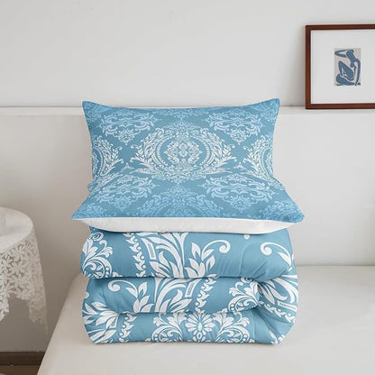 Feelyou Adults Blue Vintage Damask Floral Comforter Set Oriental Antique Comforter King Size Gothic Bohemia Boho Floral Bedding Set Bohemian Exotic Duvet Set Quilt Set 3Pcs