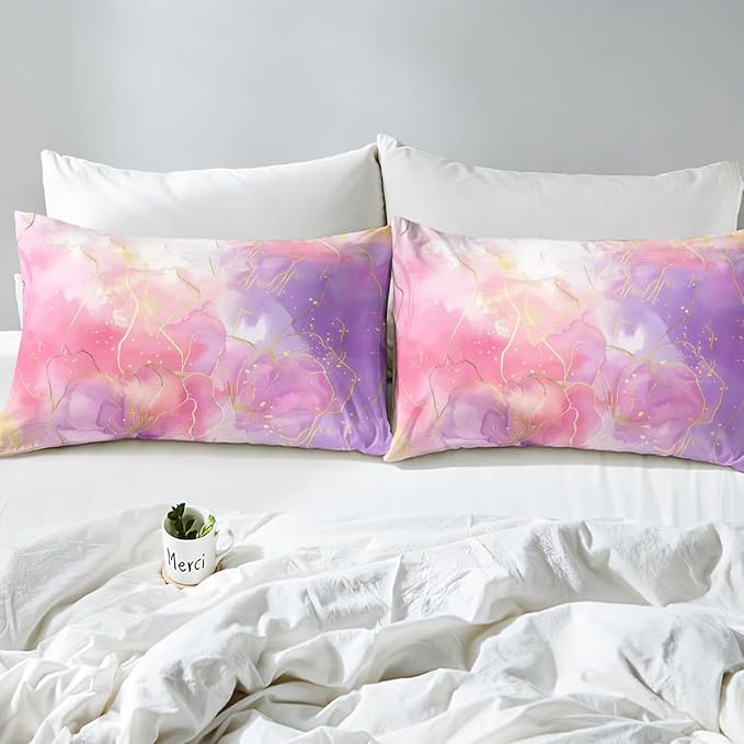 Erosebridal Pink Marble Bedding Comforter Sets Full Size, Tie Dye Decor Comforter Set for Boys Girls Women Bedroom, Gold Bronzing Bedding Purple Modern Abstract Quilt with 2 Pillowcases