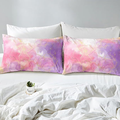 Erosebridal Pink Marble Bedding Comforter Sets Full Size, Tie Dye Decor Comforter Set for Boys Girls Women Bedroom, Gold Bronzing Bedding Purple Modern Abstract Quilt with 2 Pillowcases