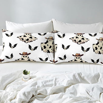 Erosebridal Cowboy Ghost Comforter Set Queen for Boys, Horror Halloween Decor Bedding Set Gothic Bat Comforter, Black Bat Quilt with 2 Pillow Cases for Kids Girls Teens Women Men Bedroom