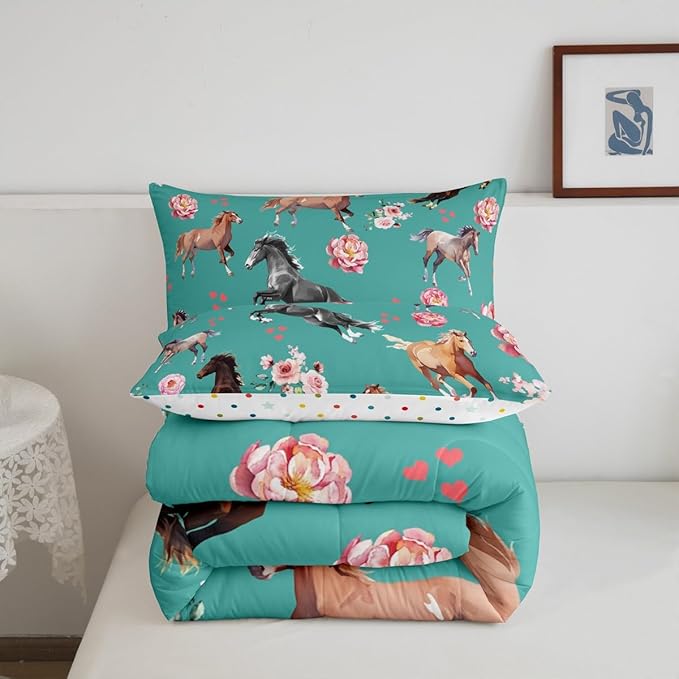 Horse Comforter Set Twin Size Farm Western Cowboy Cowgirls Bedding Set for Kids Boys Girls Teens Rose Floral Quilt Set Cute Lover Heart Decor Kawaii Horse Down Comforter with 1 Pillowcase Warm
